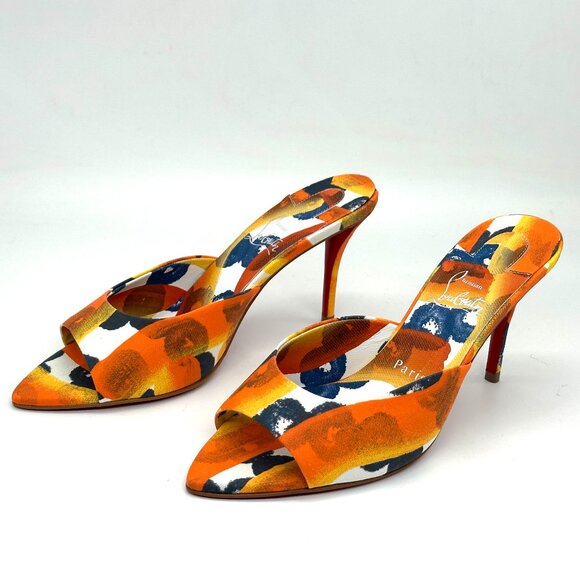 Christian Louboutin MISS Z MULE 80 Printed Toile Sandals Heels Shoes Magma - Picture 12 of 16